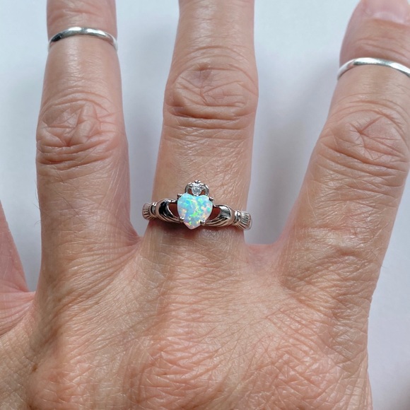 Sterling Silver White Lab Opal Claddagh Ring, Irish Rings, Silver Heart Ring - Picture 4 of 8